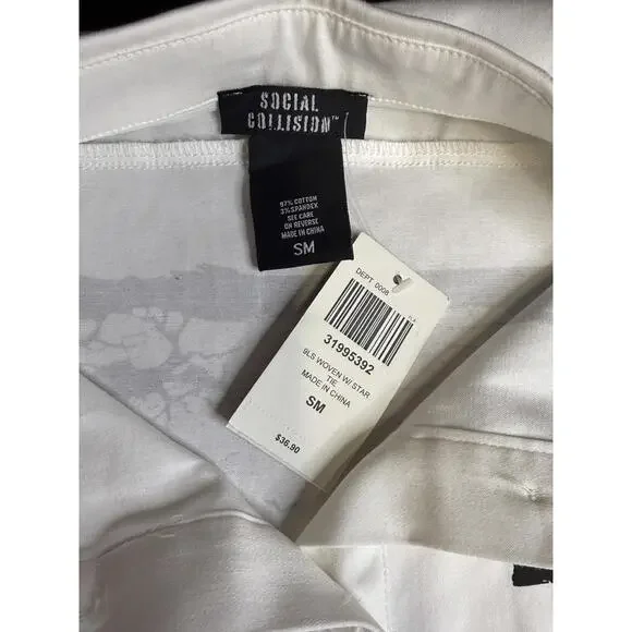 NWT - ocial Collision Skull Grave Patch Long-Sleeve Woven Button-Up - Unisex SM - Picture 7 of 8